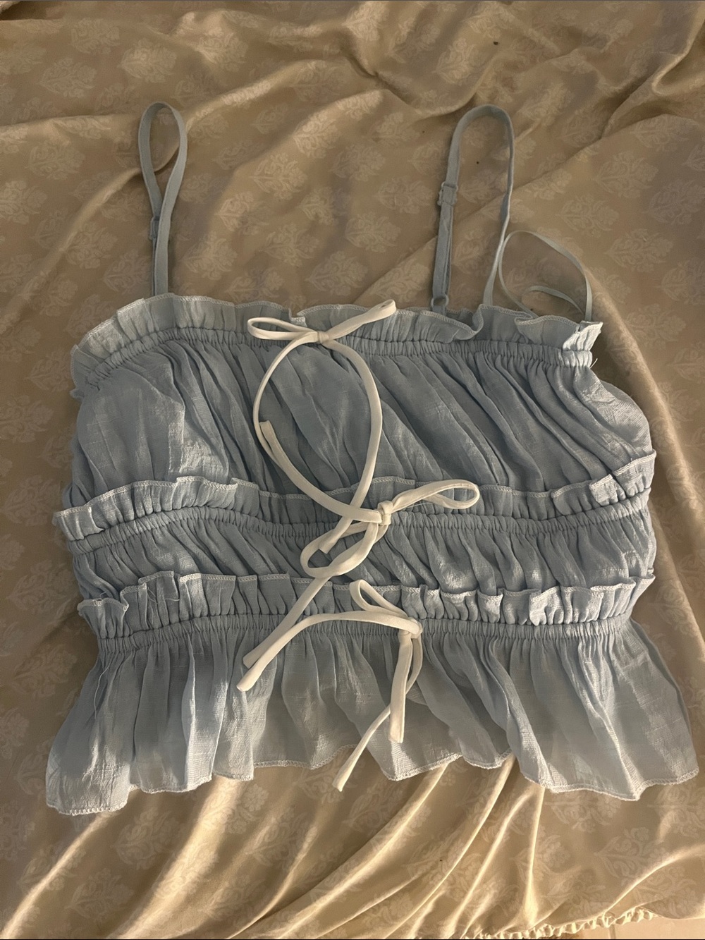 T.J.Maxx Light Blue Ruffled Cropped Cami with White Tie Detail